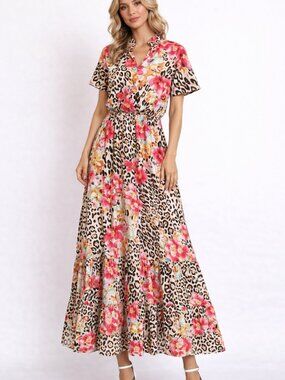 Umgee Floral Leopard Print Tiered Maxi Dress Smocked Waist XS